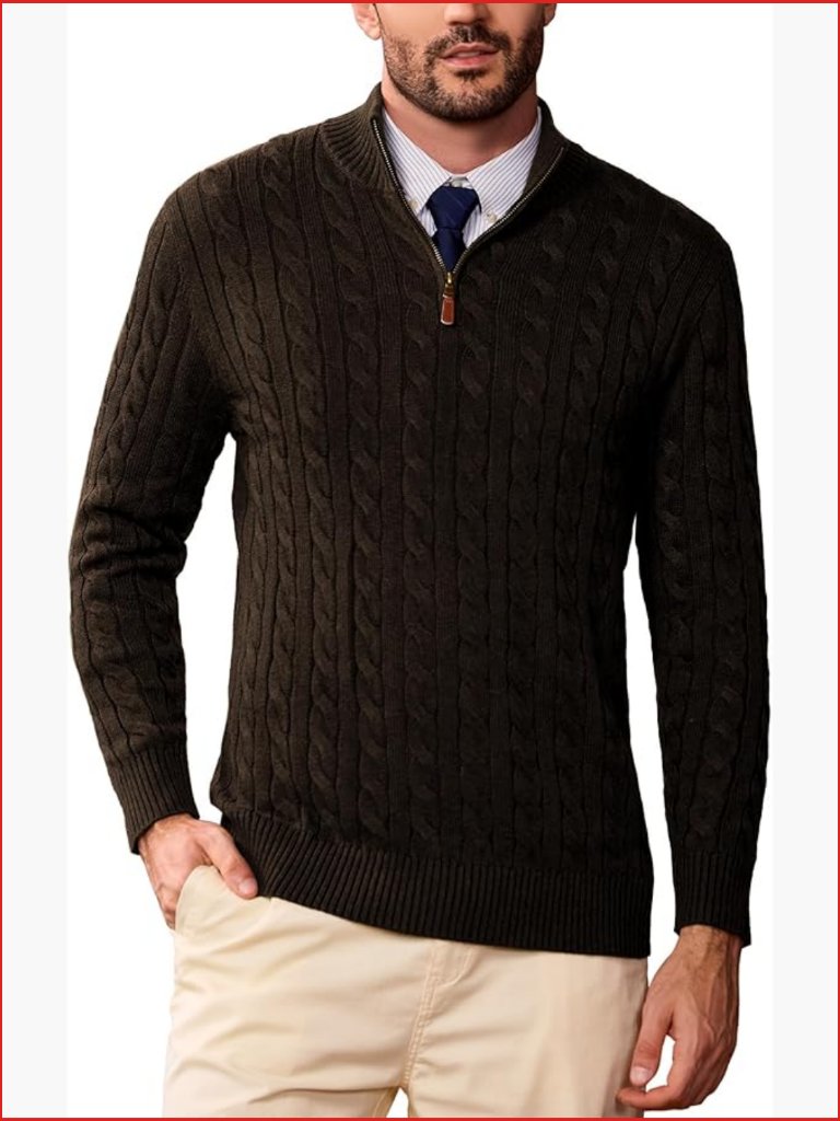 Mens Quarter Zip Sweater Wool Blend Cable Knit Pullover Relaxed Fit
